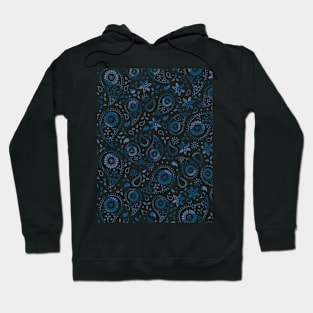 Beautiful Paisley Floral Pattern - Shades of Blue on Black Hoodie